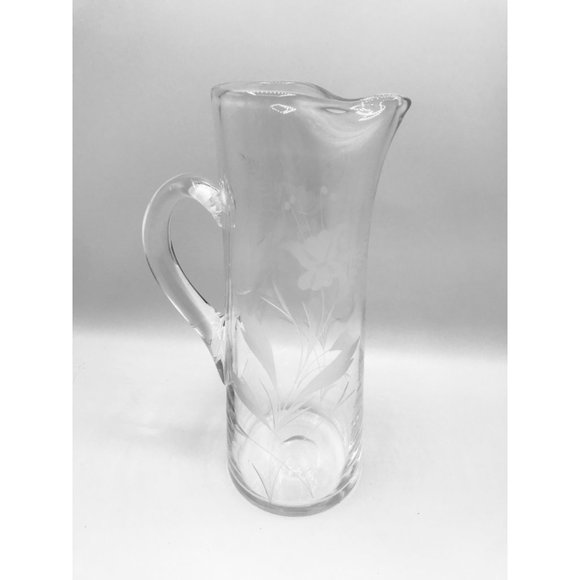 Vintage etched floral and butterflies hand blown cocktail pitcher with mixer. - Picture 3 of 12